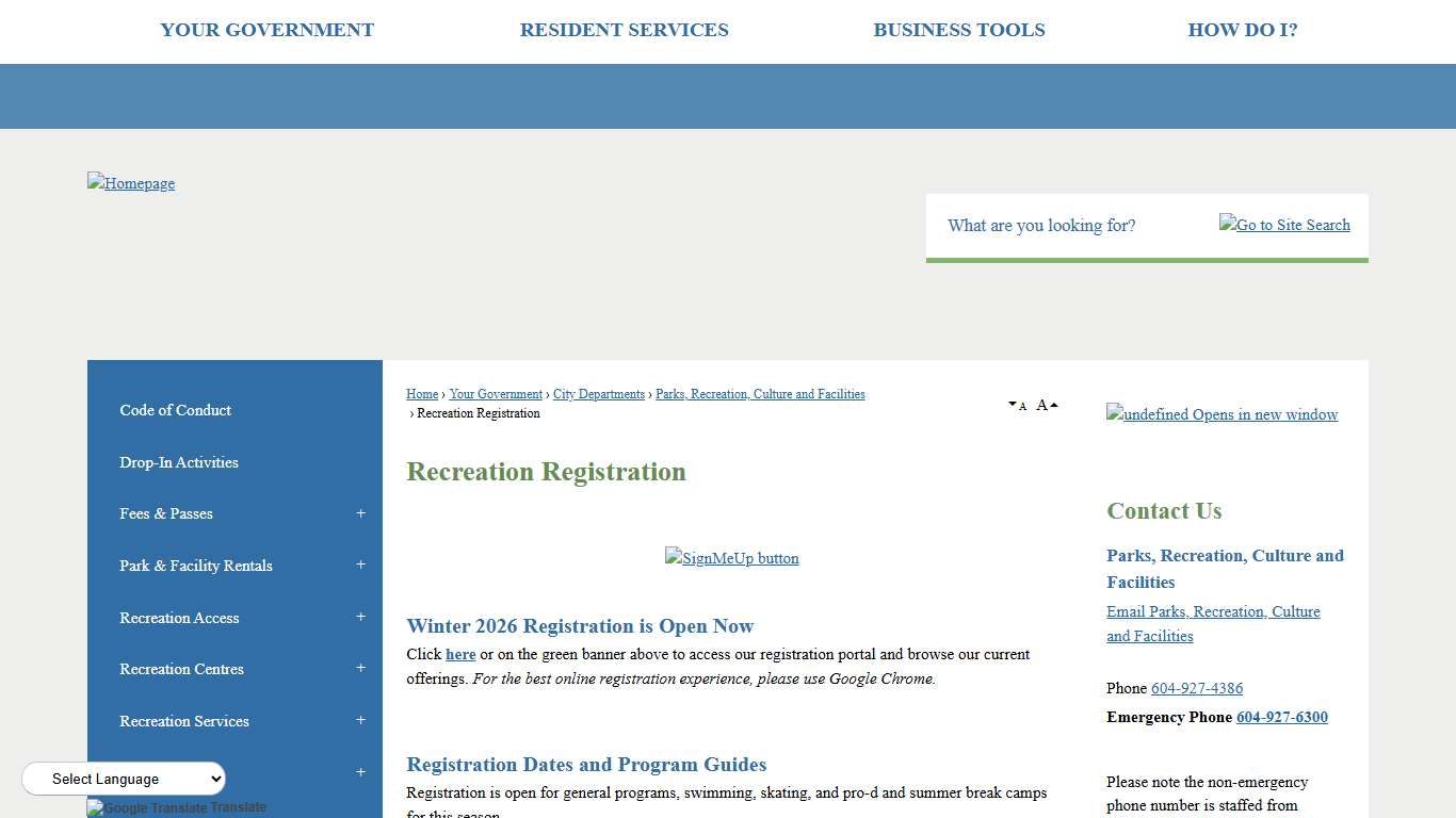 Recreation Registration Coquitlam, BC