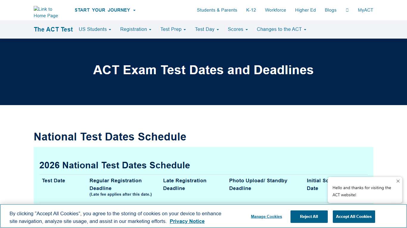 ACT National Test Dates Schedule 2025-2026 ACT