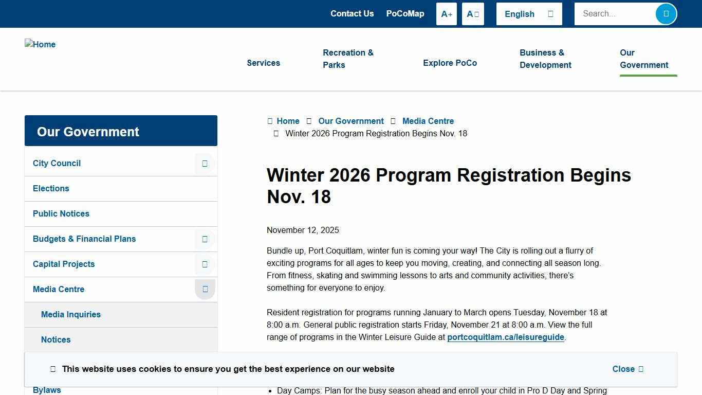 Winter 2026 Program Registration Begins Nov. 18 City of Port Coquitlam