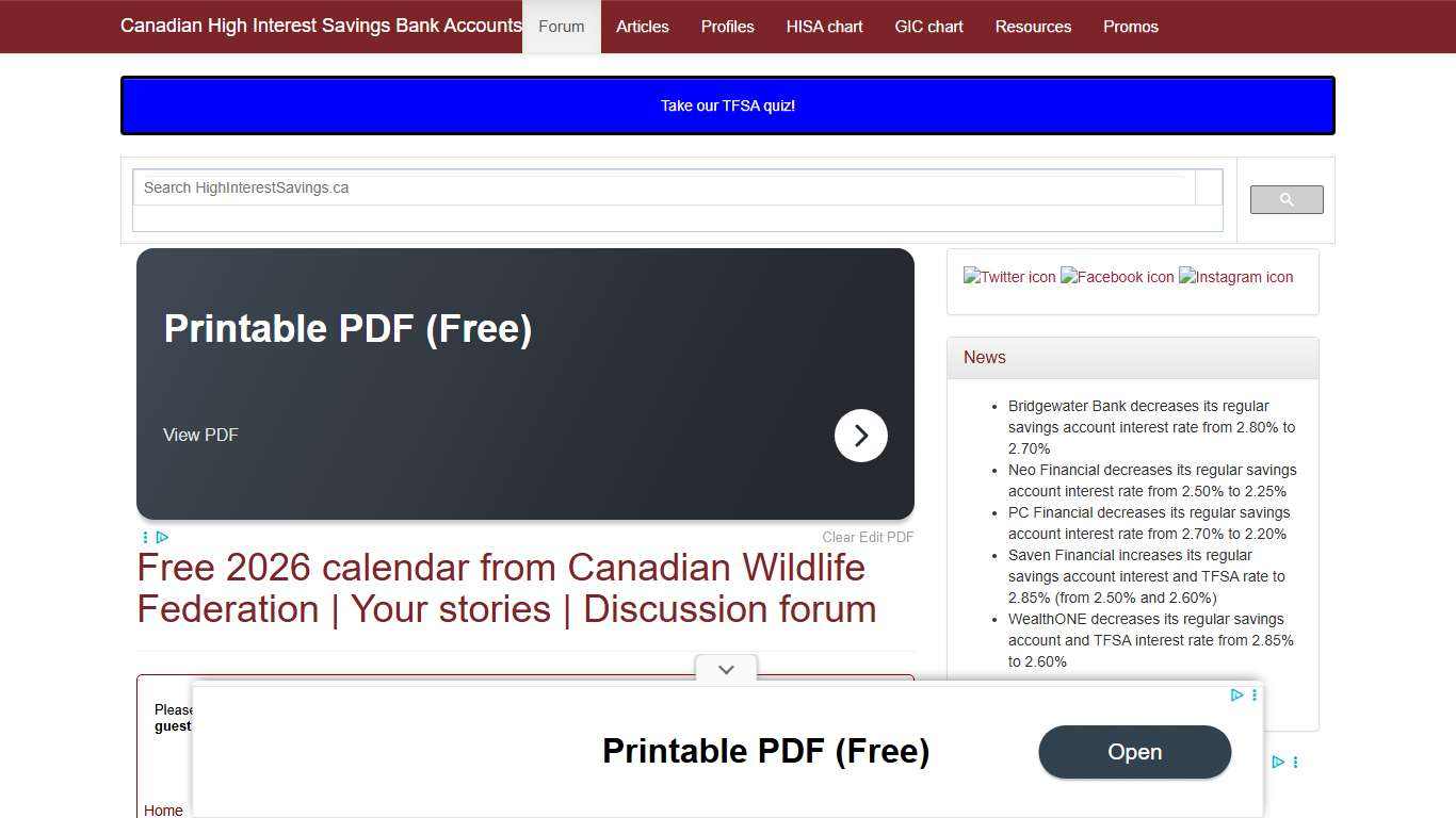 Free 2026 calendar from Canadian Wildlife Federation Your stories Discussion forum Canadian High Interest Savings Bank Accounts